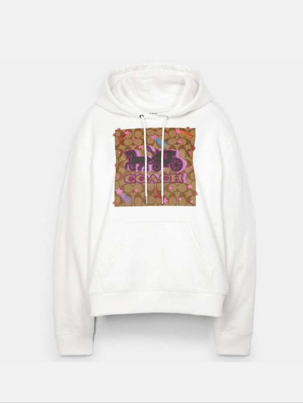 Coach Cream Hoodie with Brown Signature Patch and Pink/Purple Accents Sz L